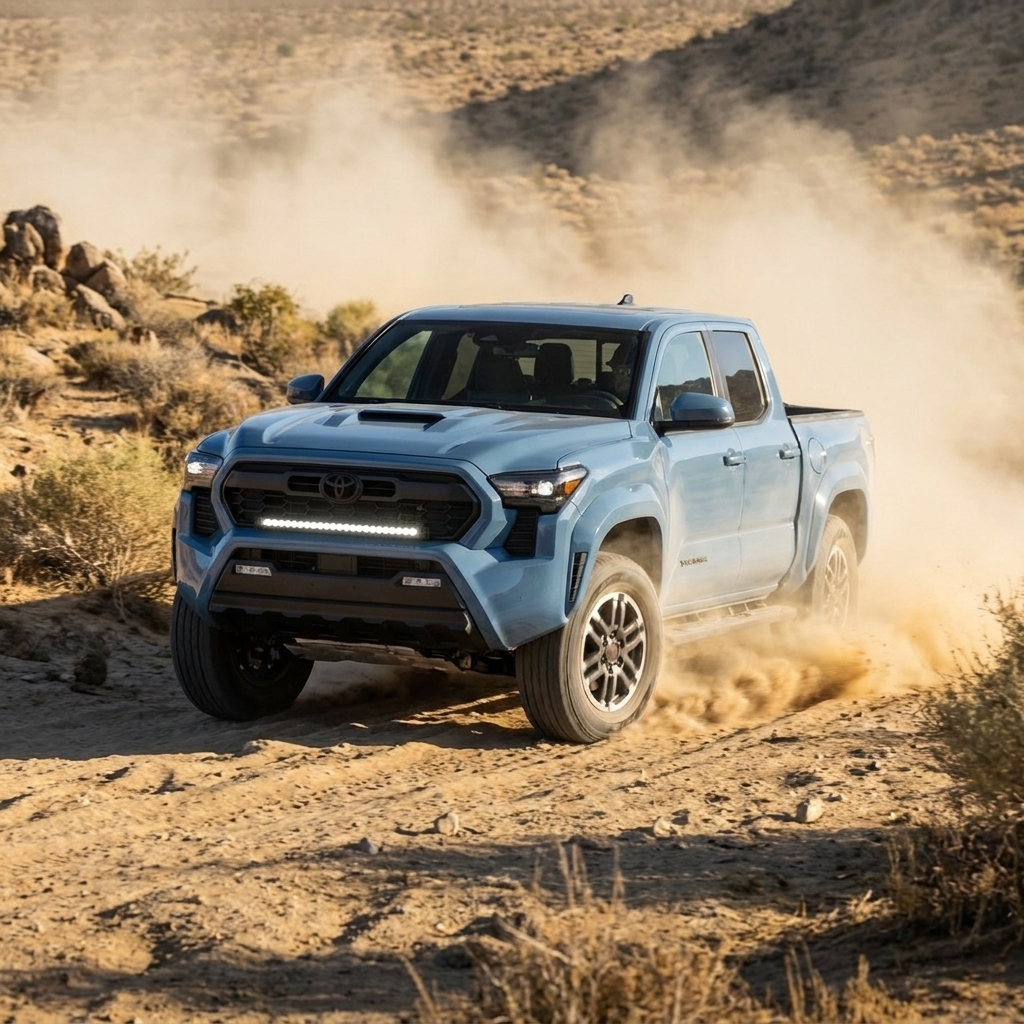2024+ Toyota Tacoma with 30-inch white LED off-road light bar mounted low on front bumper, kicking up dust on a desert trail