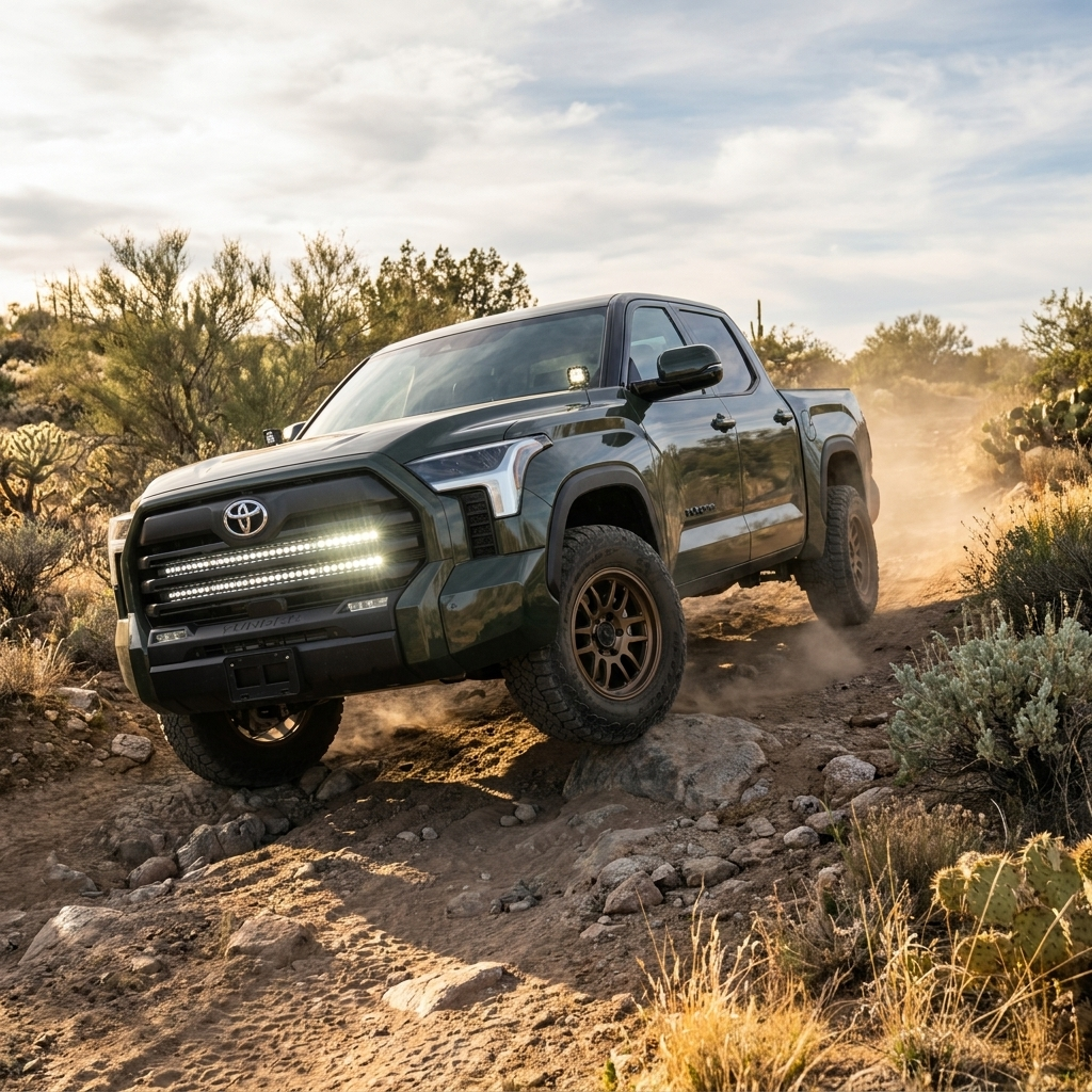 Dark green Toyota Tundra crew cab on an off-road desert trail, front three-quarter view, featuring a bright white LED light bar mounted across the lower grille. Bronze wheels, all-terrain tires, cacti and scrub brush in the background, dust trailing behind under warm sunset light.