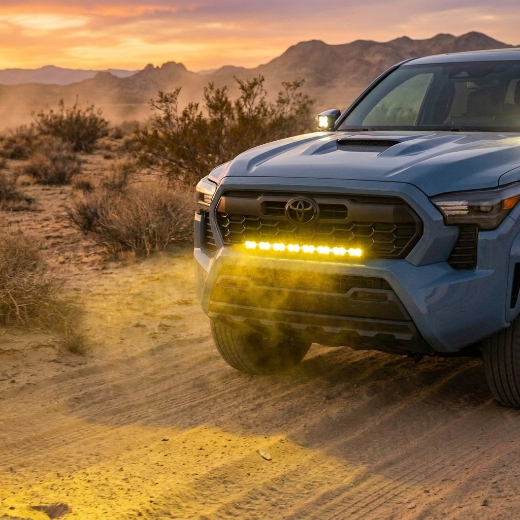 Blue 2024+ Toyota Tacoma truck with yellow LED 30in light bar glowing bright at the grille, driving through dusty desert terrain at sunset