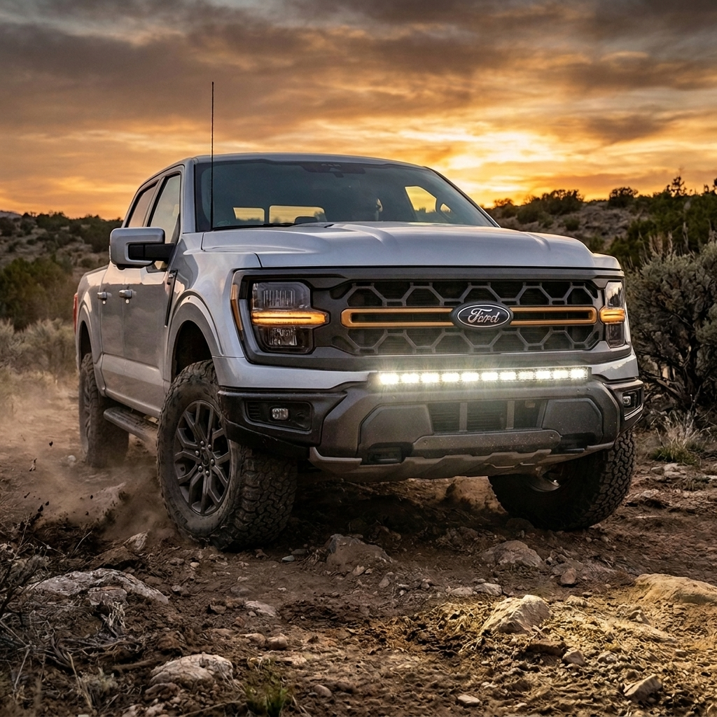 2024-2026 Ford F150 Tremor off-road LED light bar kit - silver truck on a rocky desert trail at sunset with 40 inch bumper-mount light bar lit, bolt-on no-drill install