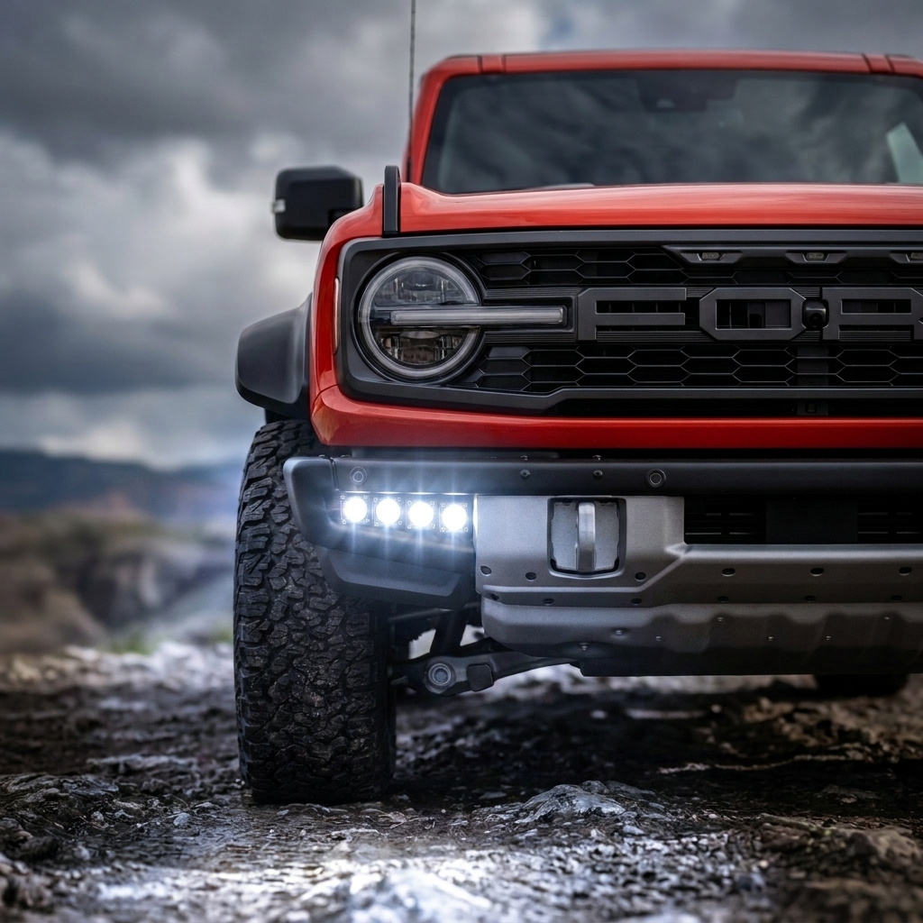 Code Orange Ford Bronco Raptor on a rocky trail with white LED fog light pods lit in the front bumper, front corner view