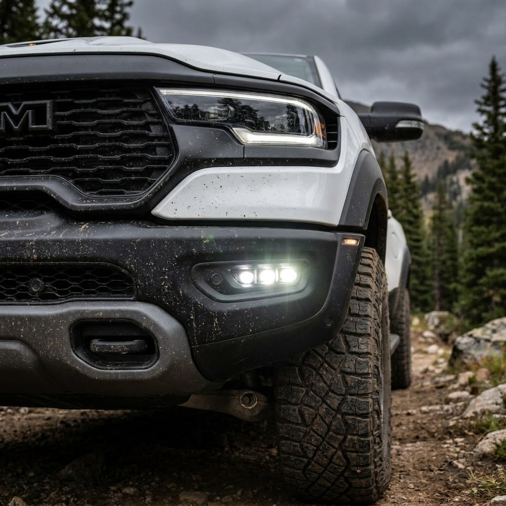 White 2025+ RAM 1500 Rebel on a muddy mountain trail with three white LED fog light pods lit in the front bumper, front corner view