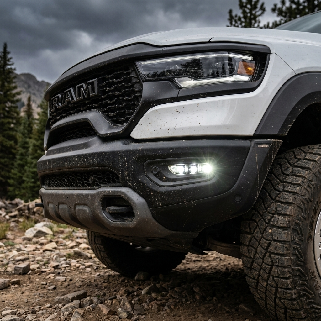 Close-up of the 2025+ RAM 1500 Rebel fog light kit with three white LED pods lit in the passenger-side front bumper of a mud-splattered white Rebel on a rocky trail