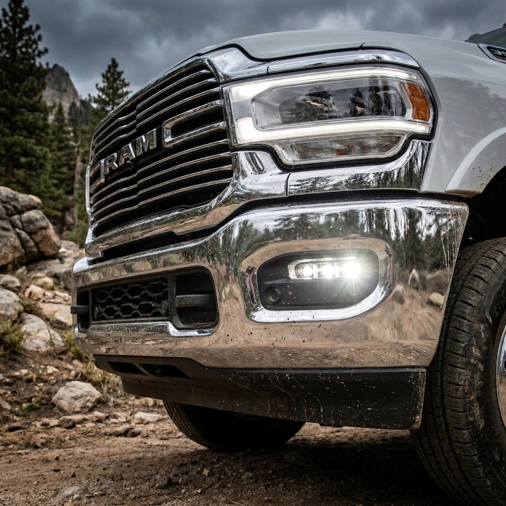 Close-up of the 2019-2024 RAM 2500/3500 fog light kit with white LED pods lit in the chrome bumper fog opening of a white RAM on a rocky trail