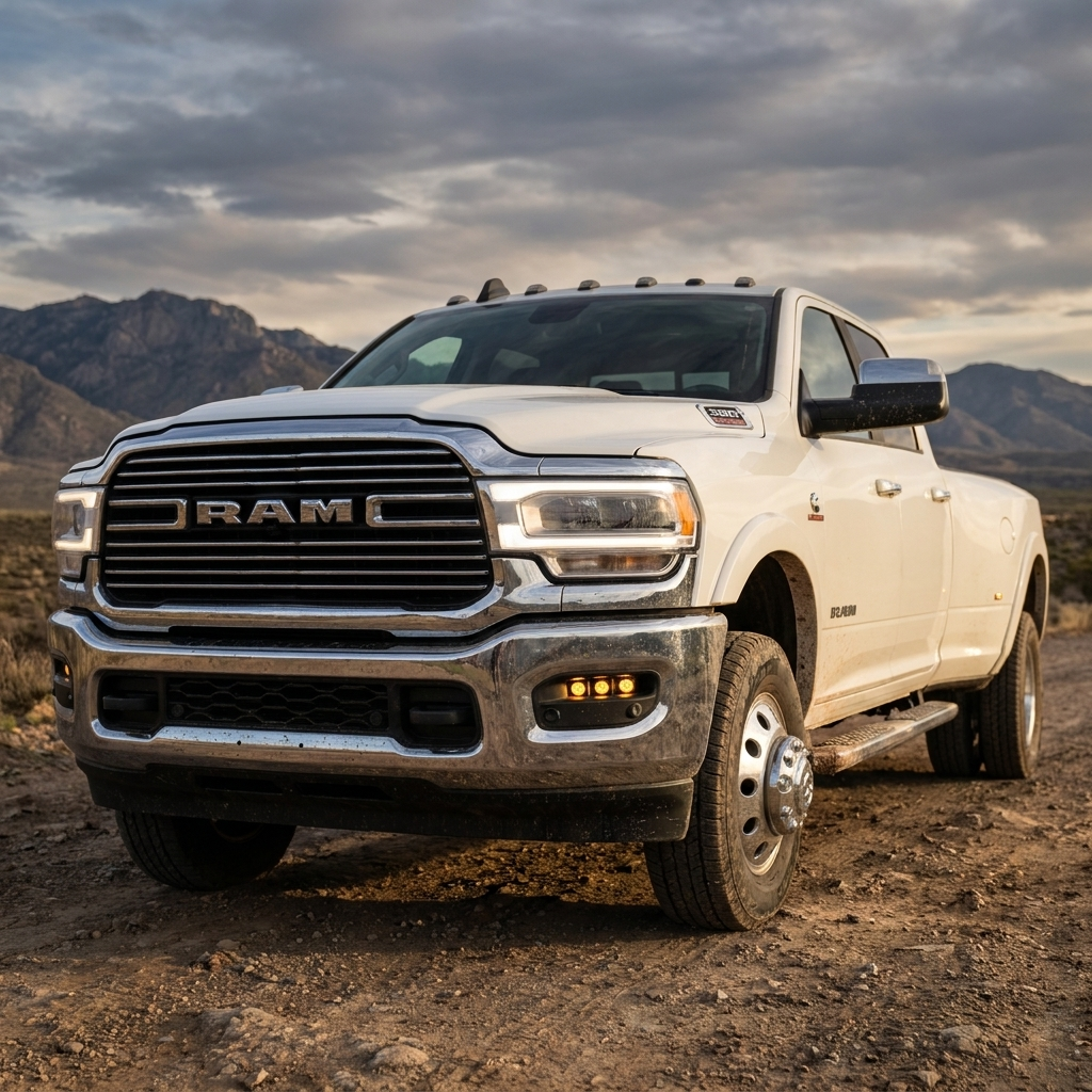 White 2019-2024 RAM 3500 dually parked in the desert with the fog light kit running amber DRL in the front bumper, front three-quarter view