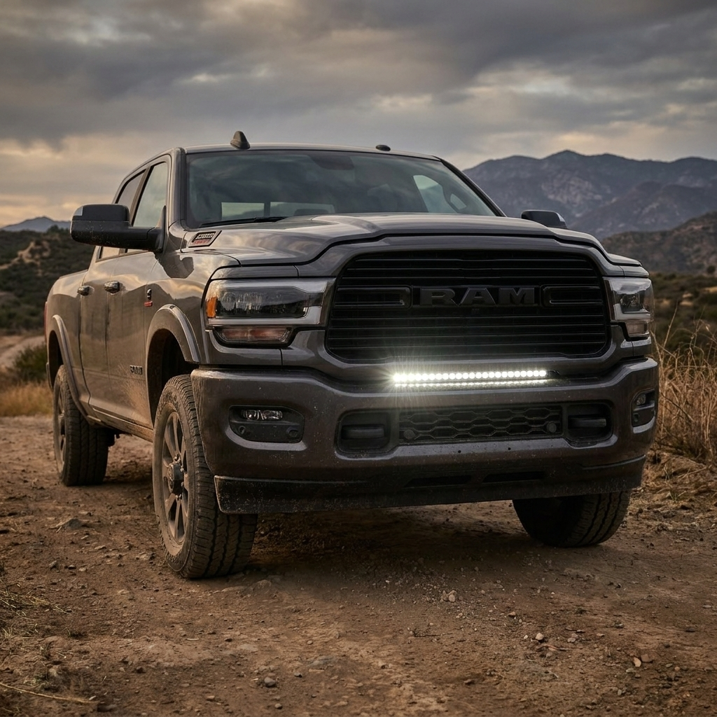 Gray 2019-2024 RAM 2500 on a mountain dirt trail with the 30in light bar lit white in the lower grille, front three-quarter view