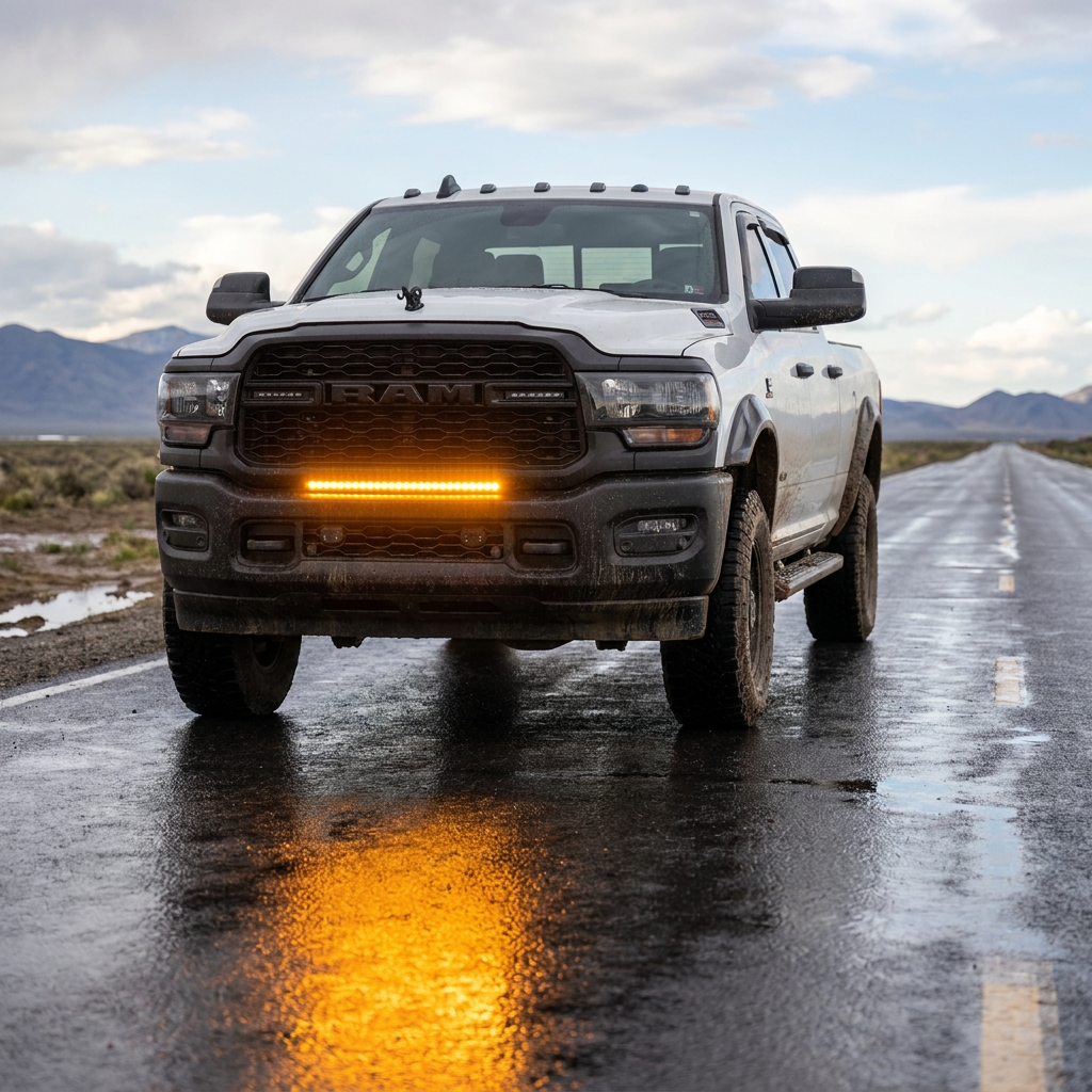 White 2019-2024 RAM 2500 on a wet desert highway with the 30in light bar lit amber in the lower grille, amber glow reflecting off the pavement