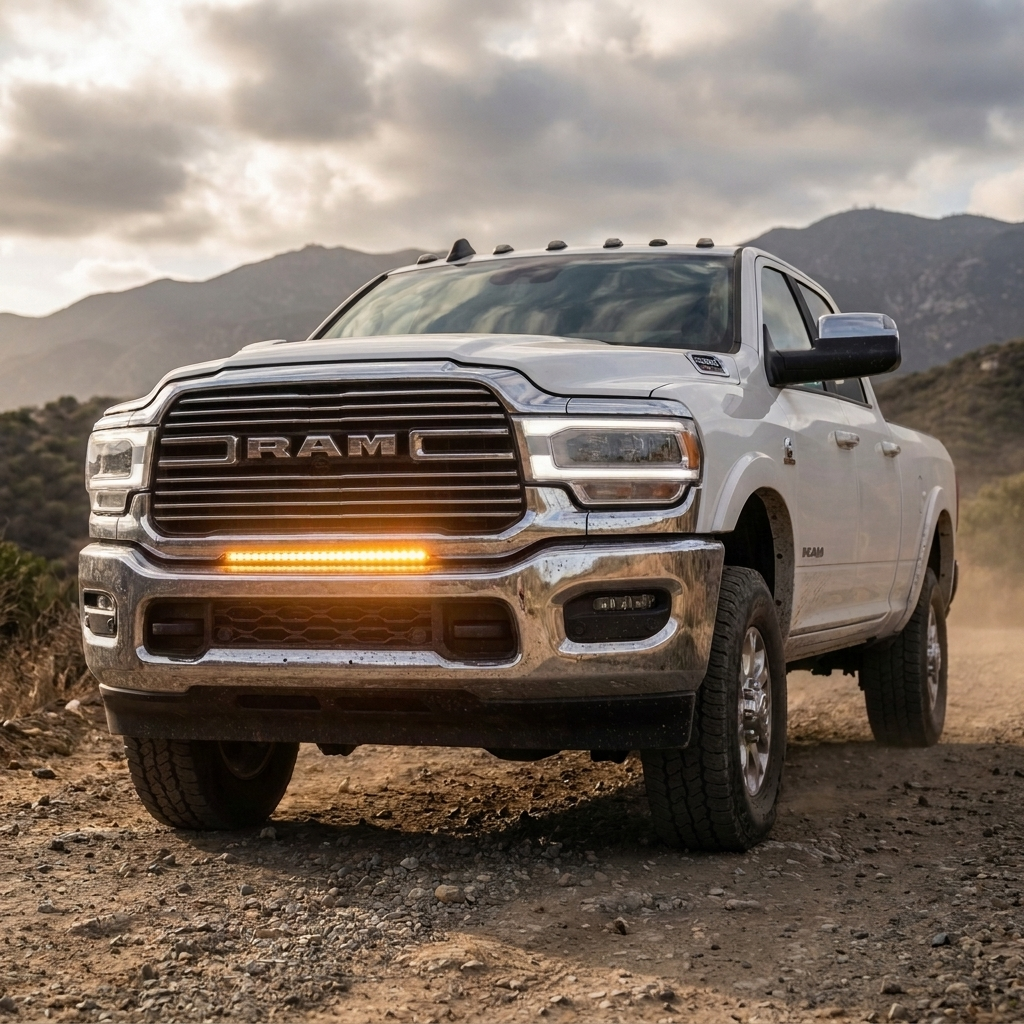 White 2019-2024 RAM 2500 on a dirt road with the 30in light bar running amber in the lower grille, front three-quarter view