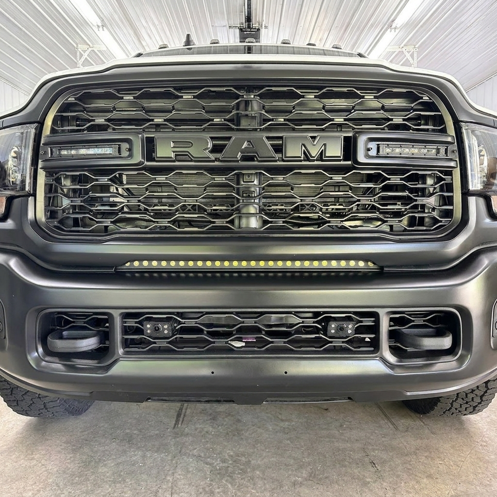 Straight-on front view of a gray 2019-2024 RAM 2500 in a shop with the 30in light bar running amber below the grille