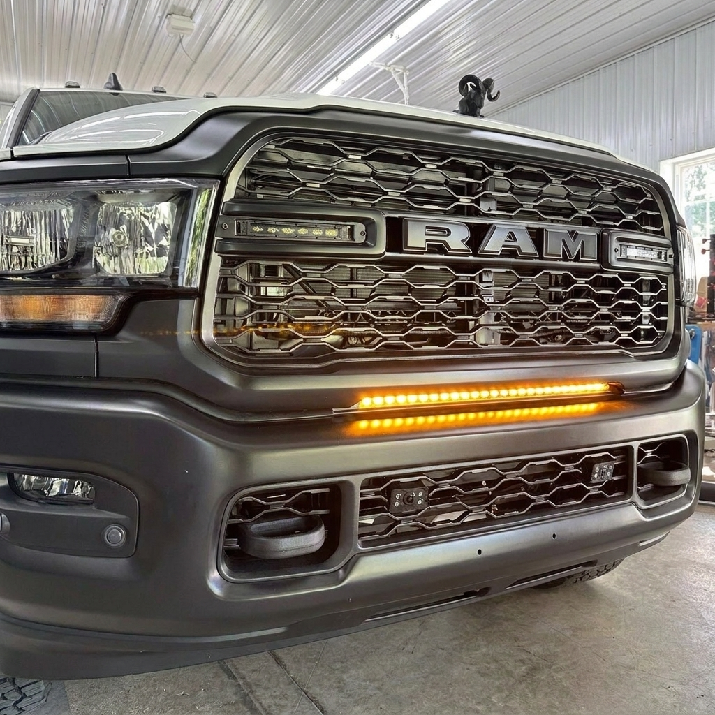 Close-up of the 30in light bar lit amber in the lower grille of a gray 2019-2024 RAM 2500 in a shop