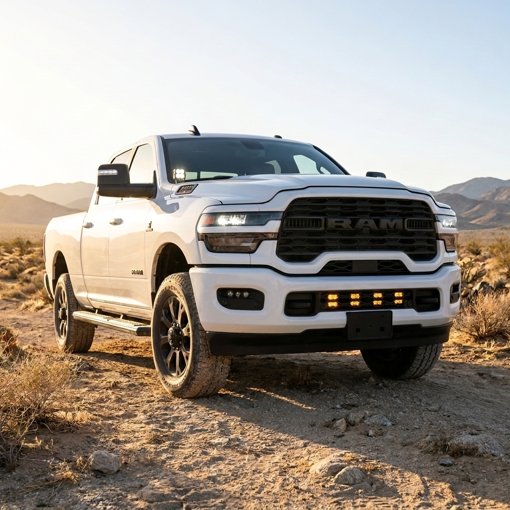 2025+ RAM 2500 lower grille pods with amber DRL lit, white truck on a desert trail in daylight, front three-quarter view