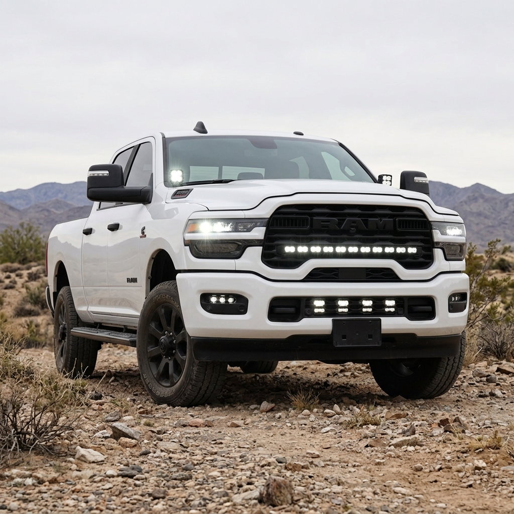 2025+ RAM 2500 40in PRO grille light bar lit in white on a white truck in the desert, front three-quarter view