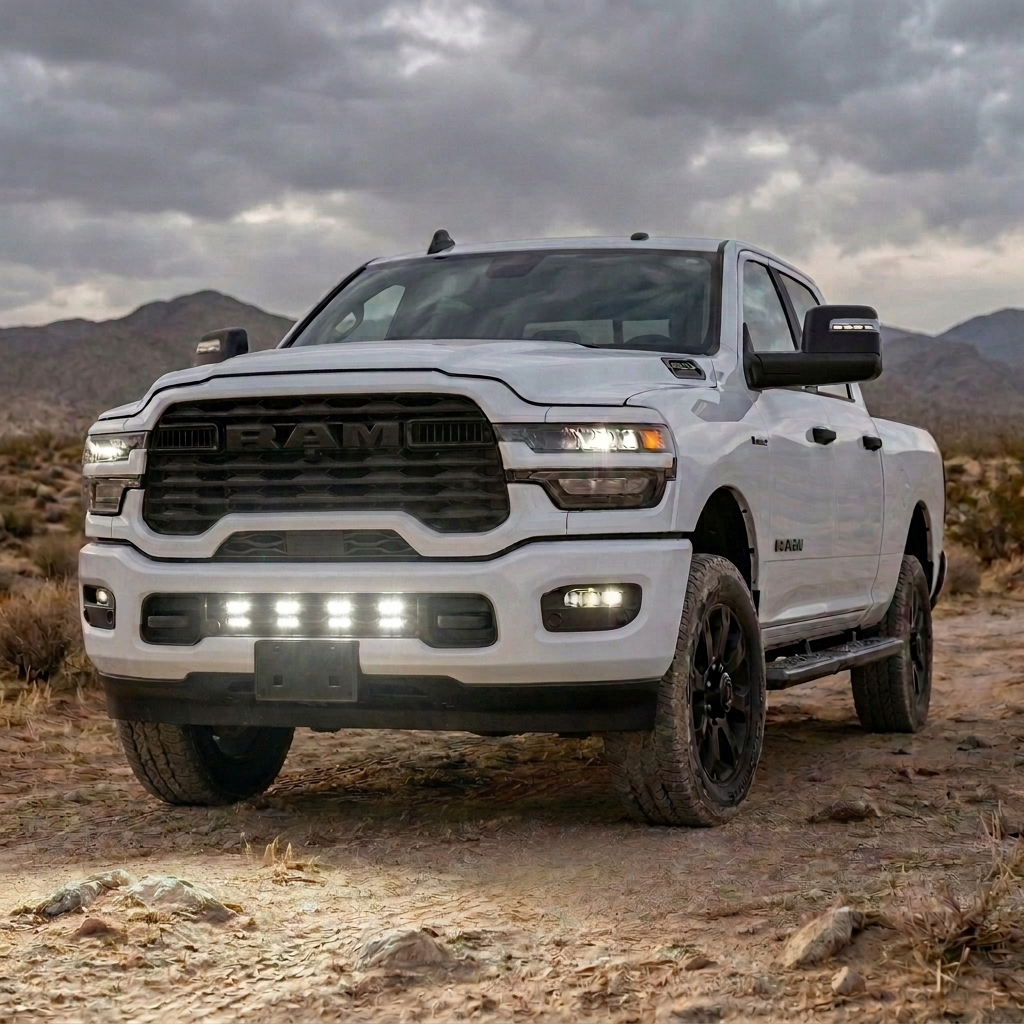 2025+ RAM 2500 lower grille pods with white LED lights lit, white truck in the desert at dusk, front three-quarter view