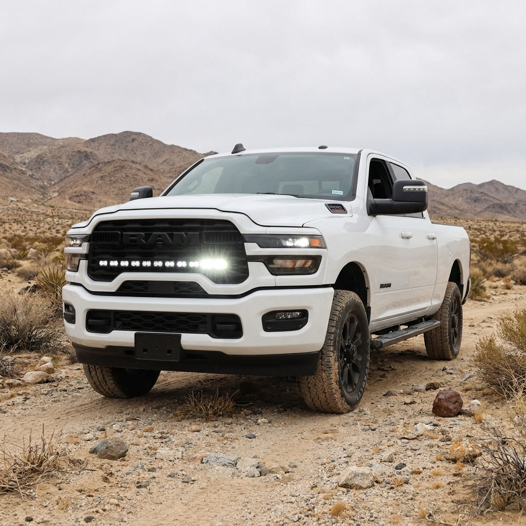2025+ RAM 2500 40in PRO grille light bar lit in white on a white truck on a desert trail, front three-quarter view