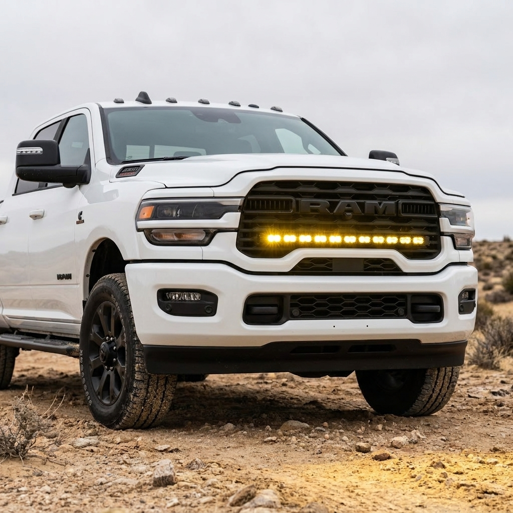 2025+ RAM 2500 40in PRO grille light bar lit in yellow on a white truck in the desert, front corner view