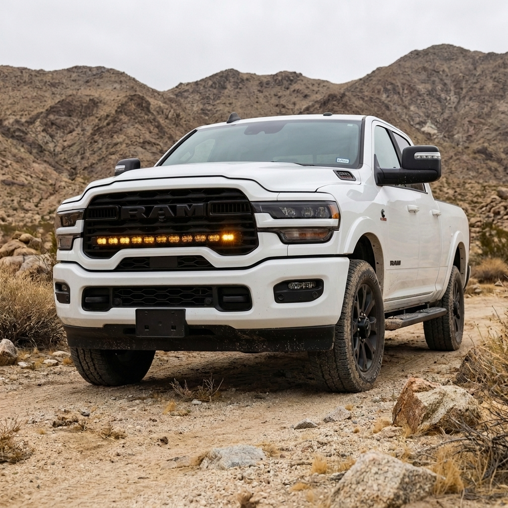 2025+ RAM 2500 40in PRO grille light bar with amber DRL lit on a white truck in the desert with mountains behind