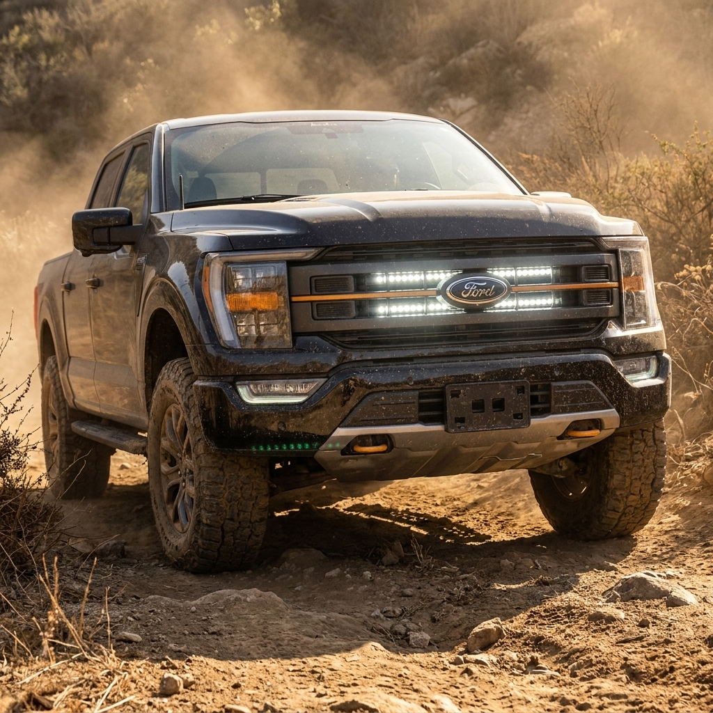 Black 2021-2023 Ford F150 Tremor kicking up dust with dual white 30in LED light bars lit behind the grille