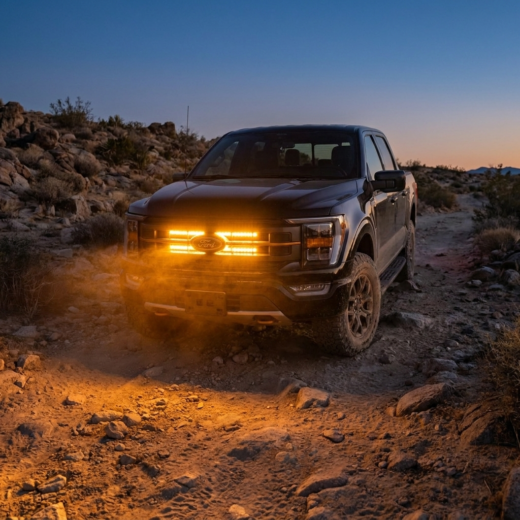 2021-2023 Ford F150 Tremor on a rocky trail at dusk with dual amber 30in LED light bars glowing through the dust