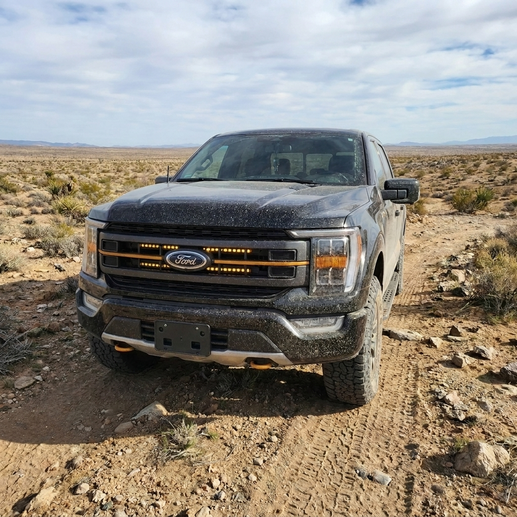 Front view of a 2021-2023 Ford F150 Tremor in the desert with dual amber 30in LED light bars lit behind the grille