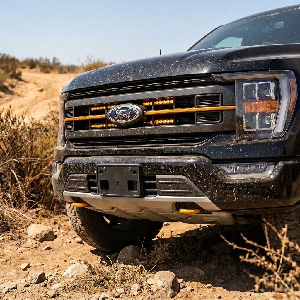 Close up of a 2021-2023 Ford F150 Tremor grille with dual amber 30in LED light bars mounted behind the mesh