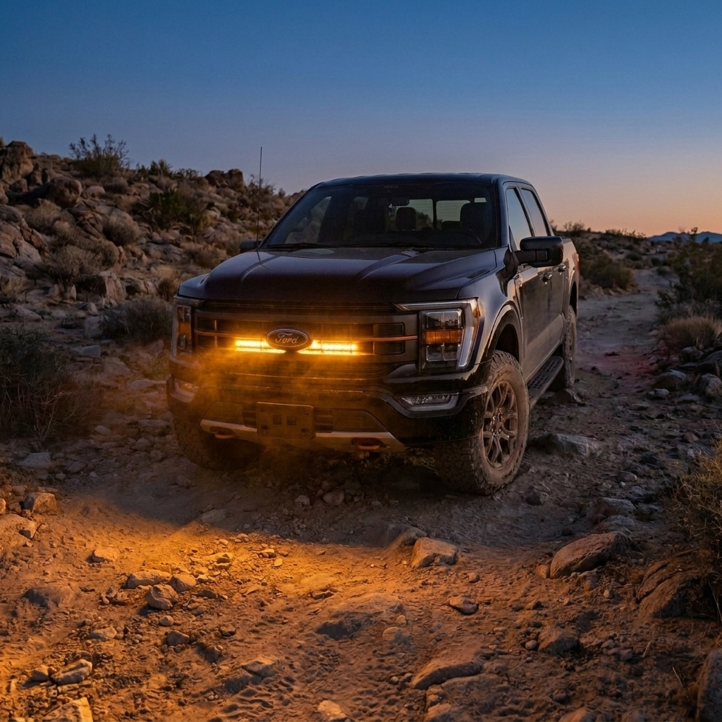 2021-2023 Ford F150 Tremor on a rocky trail at dusk with a single amber 30in LED light bar lit behind the grille