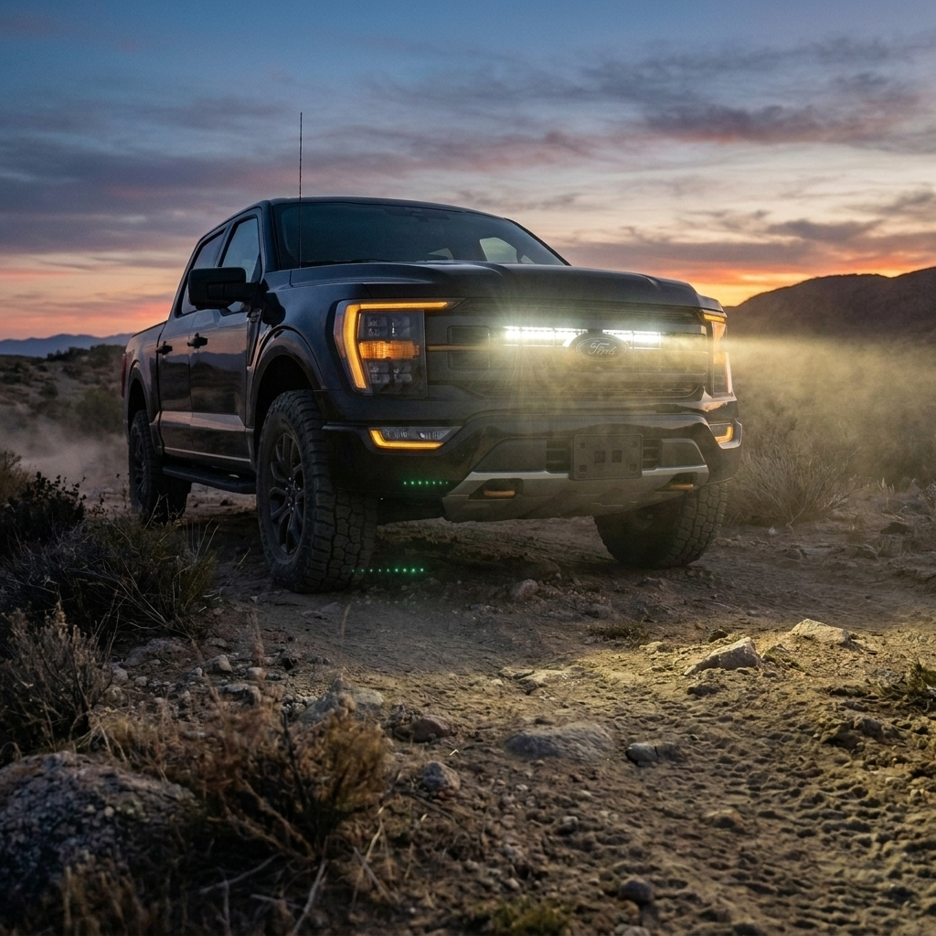 2021-2023 Ford F150 Tremor at sunset with a single white 30in LED light bar lit behind the grille