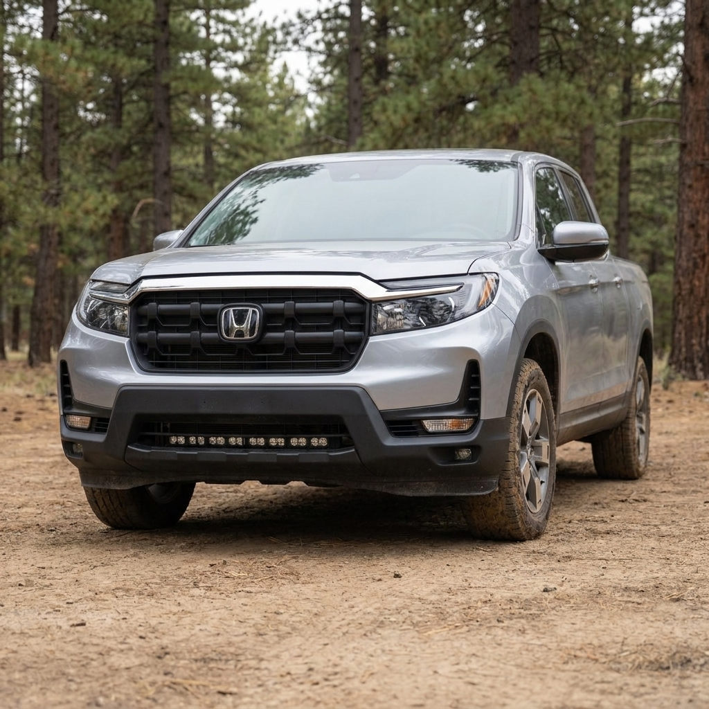 Passenger-side front three-quarter of a 2021-2026 Honda Ridgeline showing the 30in PRO light bar mounted low in the bumper, lights off