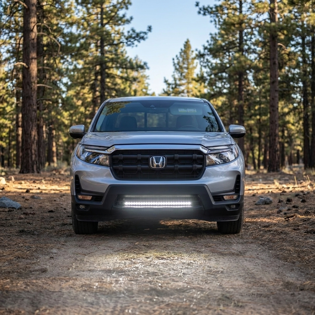 2021-2026 Honda Ridgeline at dusk on a forest trail with the 30in SLIM light bar lit white, beam lighting the ground ahead