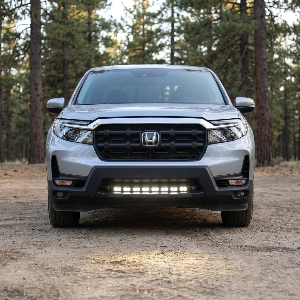 2021-2026 Honda Ridgeline straight-on front view with 30in PRO light bar lit white across the lower bumper opening