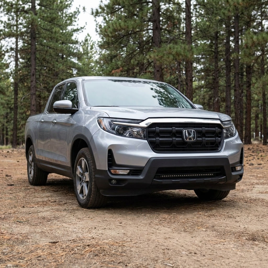 2021-2026 Honda Ridgeline front three-quarter showing the 30in SLIM light bar mounted flush in the lower bumper, lights off
