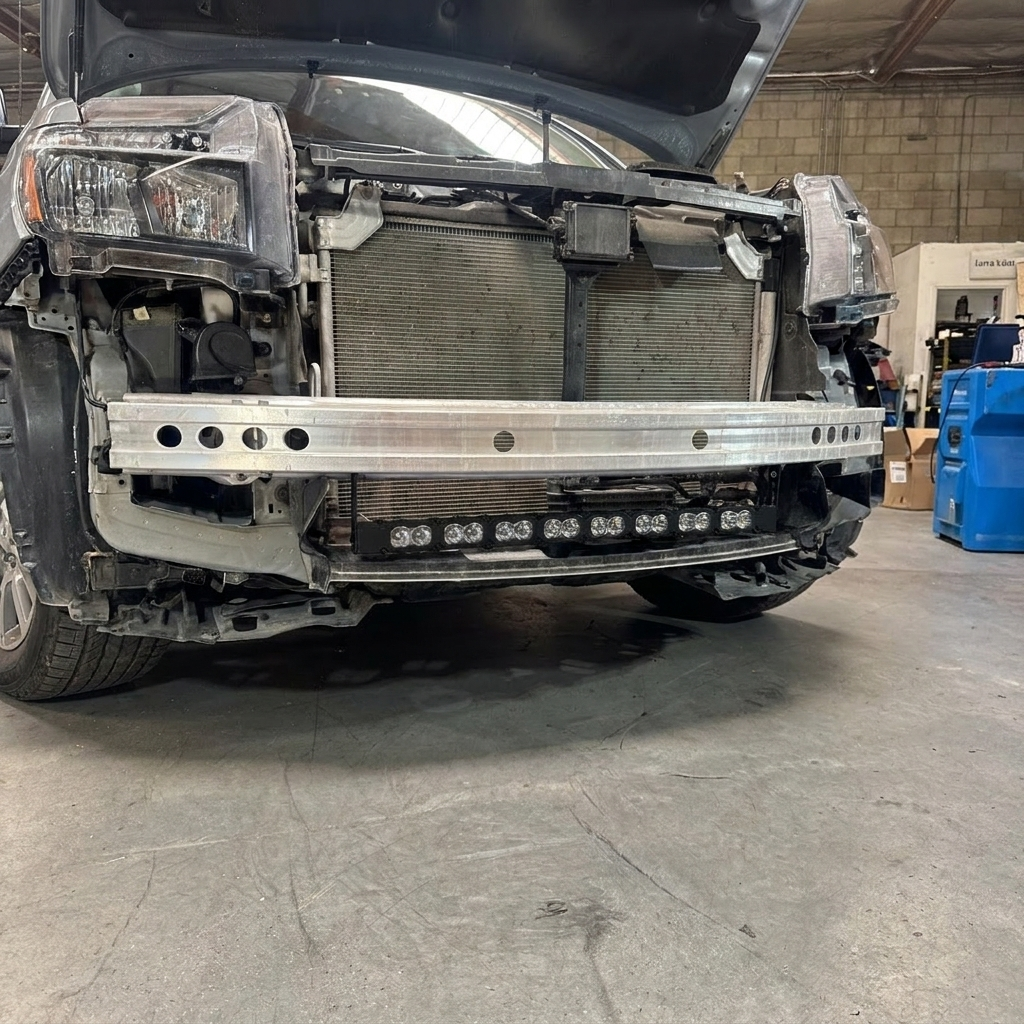 2021-2026 Honda Ridgeline with front bumper and grille removed showing the 30in PRO light bar bolted to the factory radiator support during install