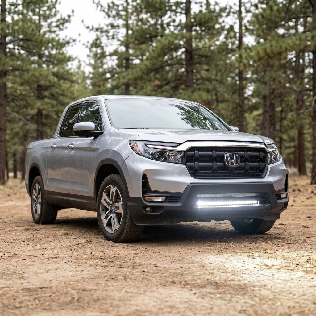 2021-2026 Honda Ridgeline front three-quarter with 30in SLIM light bar lit white in the lower bumper, forest dirt clearing