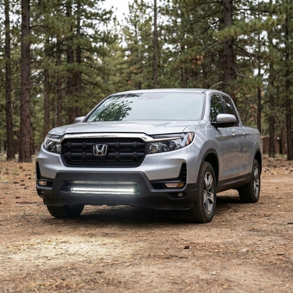 2021-2026 Honda Ridgeline front three-quarter on a forest trail with 30in SLIM light bar lit white