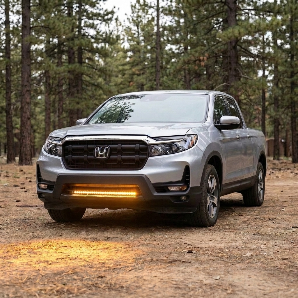 2021-2026 Honda Ridgeline front three-quarter with 30in SLIM light bar in amber lighting the dirt ahead of the truck