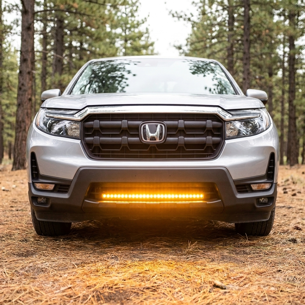 2021-2026 Honda Ridgeline straight-on front with 30in SLIM light bar lit amber, casting amber light on the ground