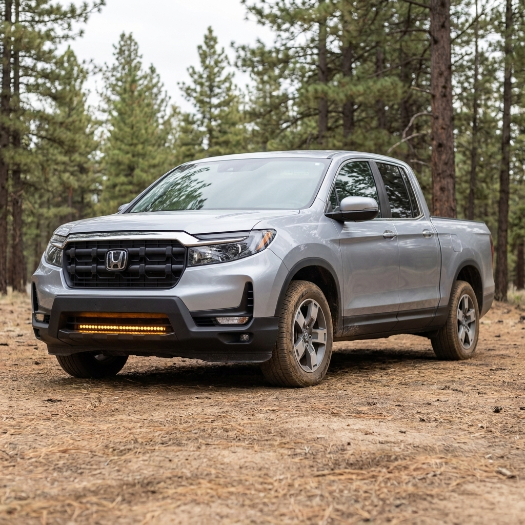 Driver-side front three-quarter of a 2021-2026 Honda Ridgeline with the 30in SLIM light bar lit amber low in the bumper