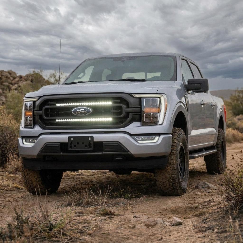Silver 2021-2023 Ford F150 on a dirt trail with dual white 30in LED light bars lit behind the grille