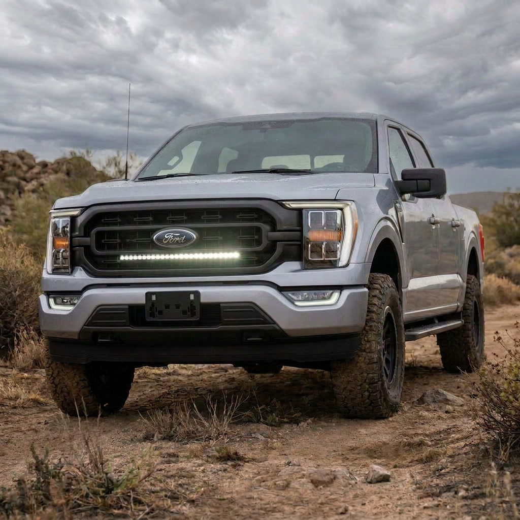 Silver 2021-2023 Ford F150 on a dirt trail with a single white 30in LED light bar lit in the lower grille