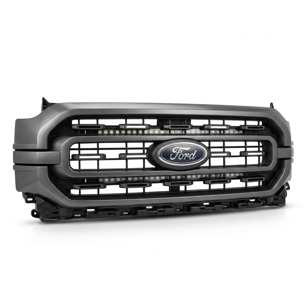 2021-2023 Ford F150 grille with 30in LED light bar mounting positions behind it, shown on white background