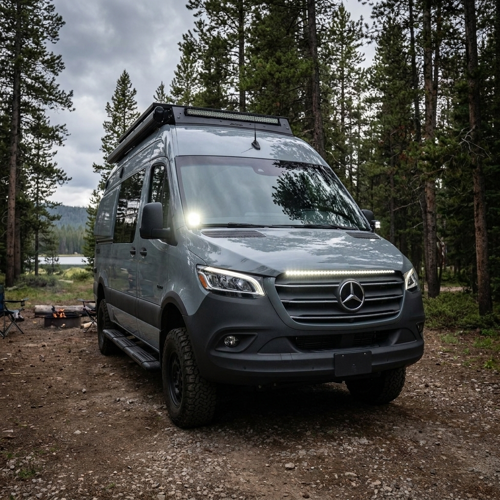 2019+ Mercedes Sprinter van at a forest campsite with Ditch Lights PRO lit at the mirror bases and a light bar on the grille