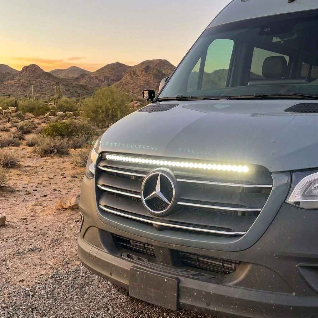 Close-up of a 2019+ Mercedes Sprinter grille with a 40in SLIM LED light bar lit white at sunset, mounted under the hood line