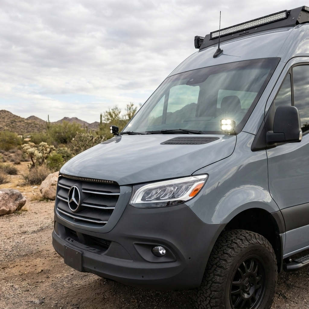 2019+ Mercedes Sprinter 4x4 van in the desert with a PRO ditch light lit white at the mirror base and a light bar on the grille