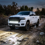 2026 RAM 1500 HEMI 40in light bar PRO white beam lighting a muddy off-road trail
