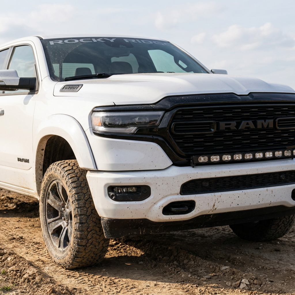 2026 RAM 1500 HEMI 40in light bar PRO installed in the lower grille, front three-quarter view