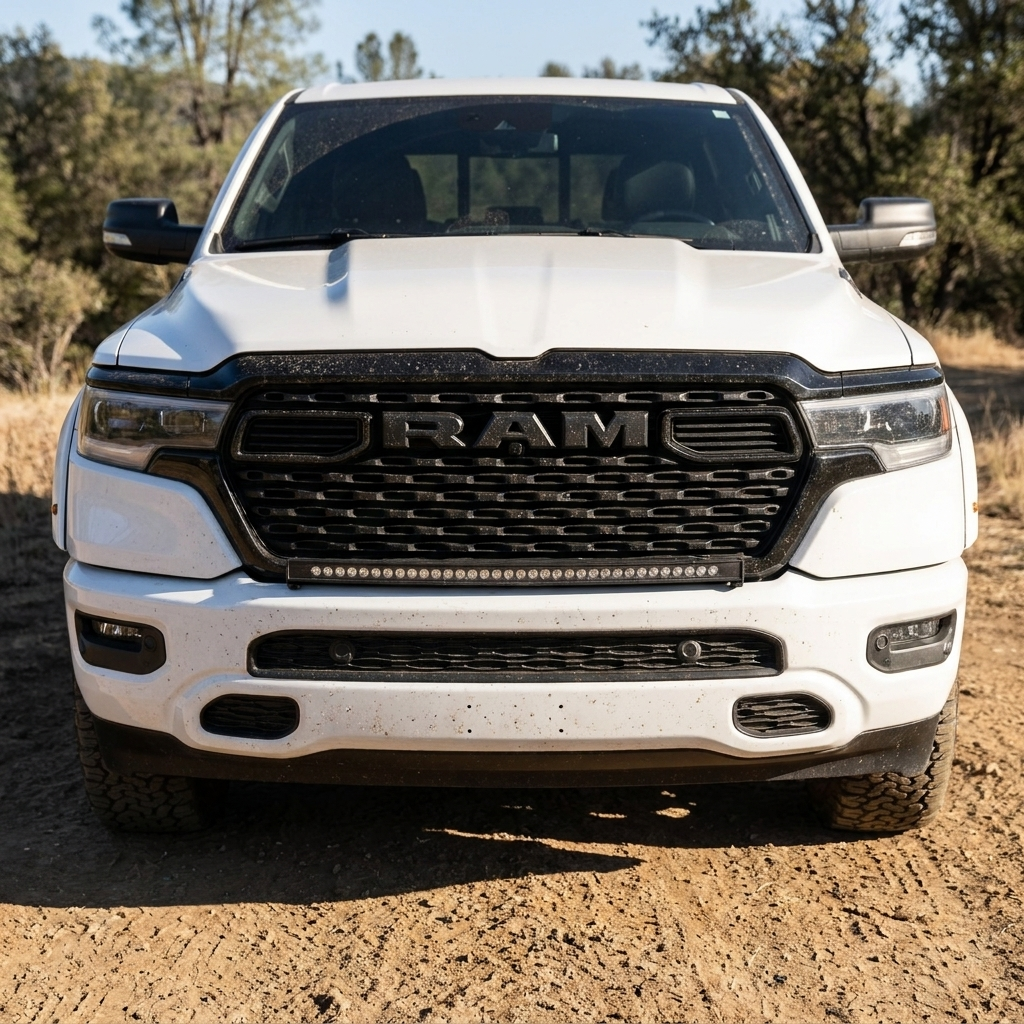 2026 RAM 1500 HEMI 40in light bar SLIM mounted in the front grille, head-on view on a dirt trail