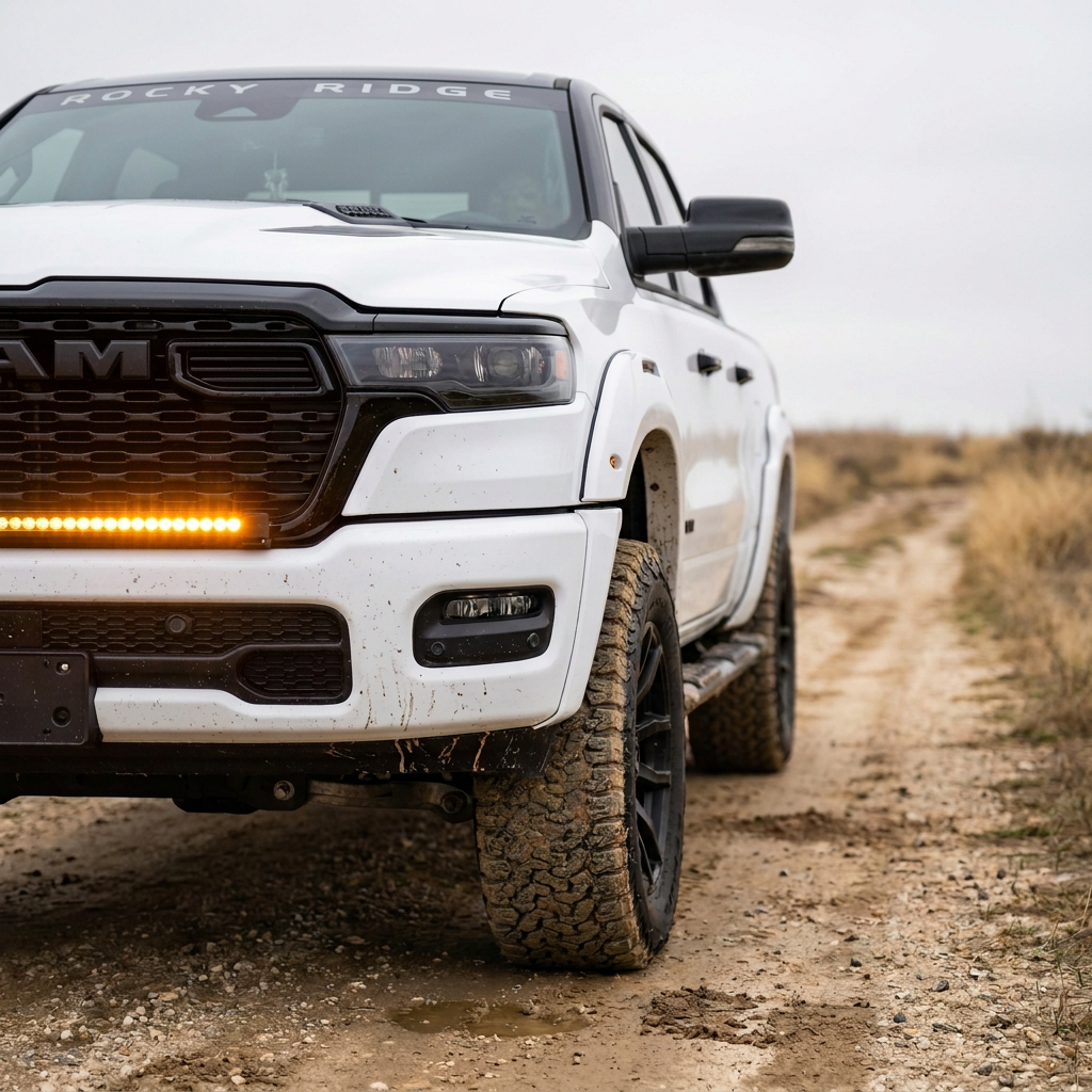 2026 RAM 1500 HEMI 40in light bar SLIM glowing bright amber in the grille on a dirt trail