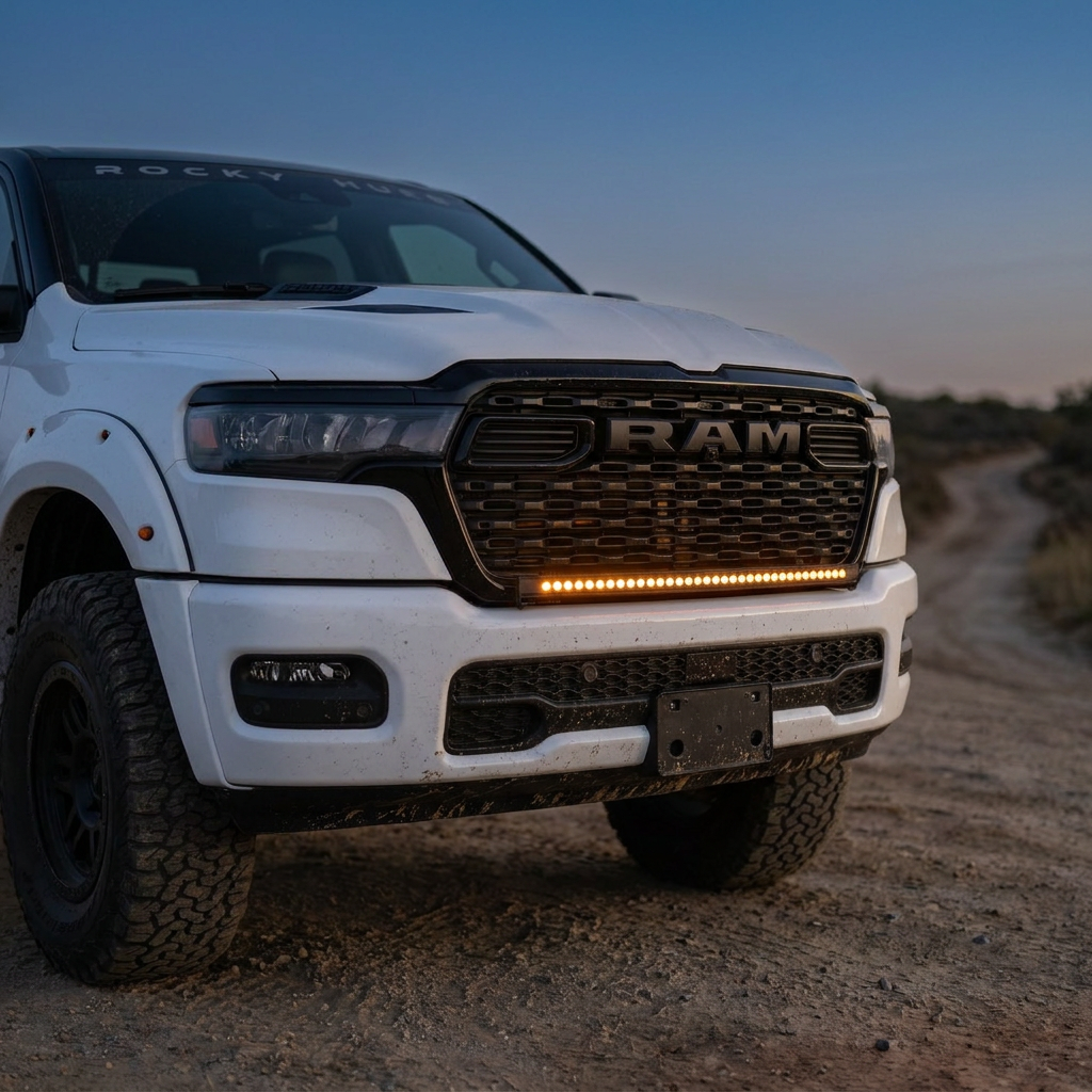 2026 RAM 1500 HEMI 40in SLIM light bar with amber DRL backglow at dusk