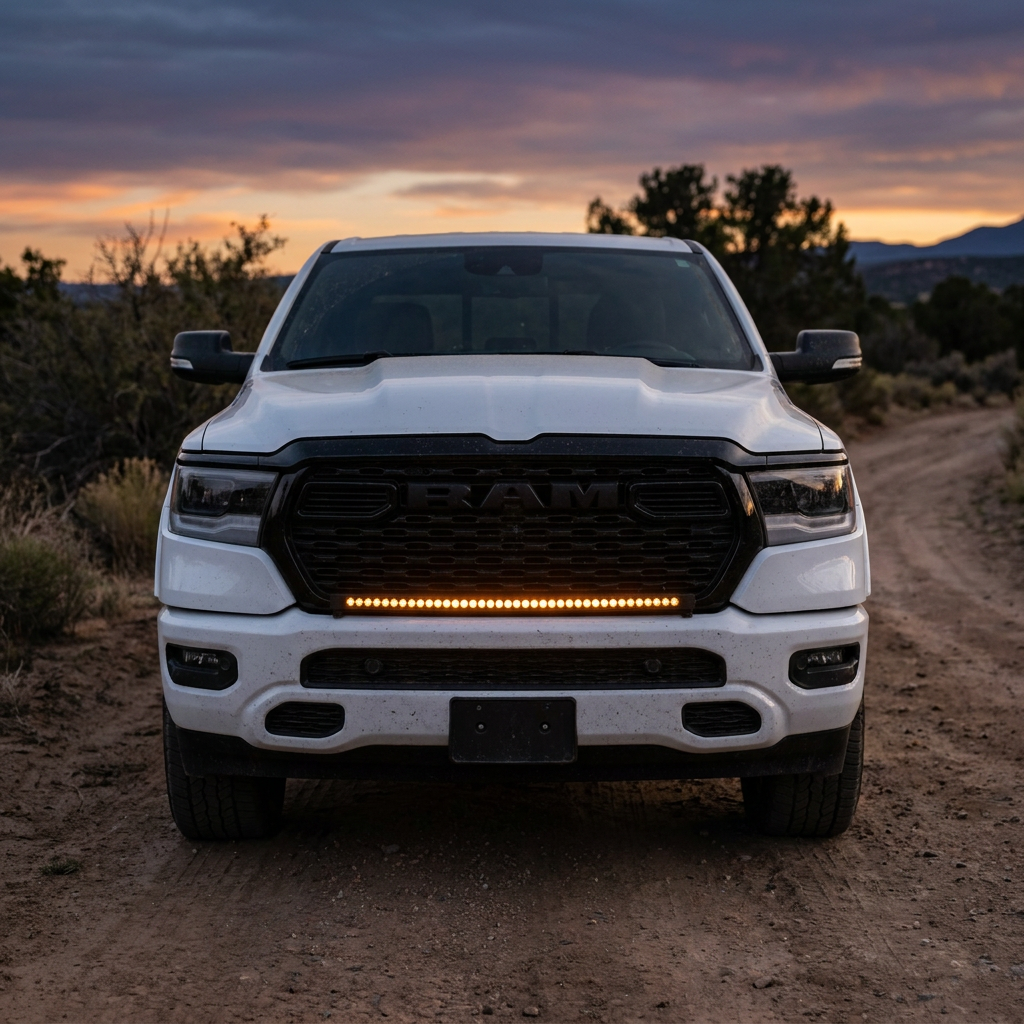 Head-on view of a 2026 RAM 1500 HEMI with 40in SLIM light bar amber DRL on at sunset