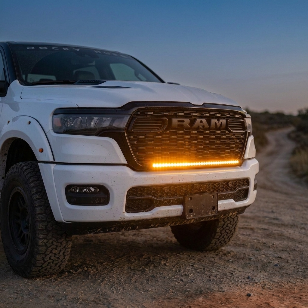 2026 RAM 1500 HEMI 40in light bar SLIM lit bright amber on an off-road trail at dusk