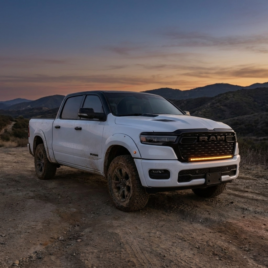 White 2026 RAM 1500 HEMI with 40in SLIM light bar amber DRL on, parked on a trail at sunset